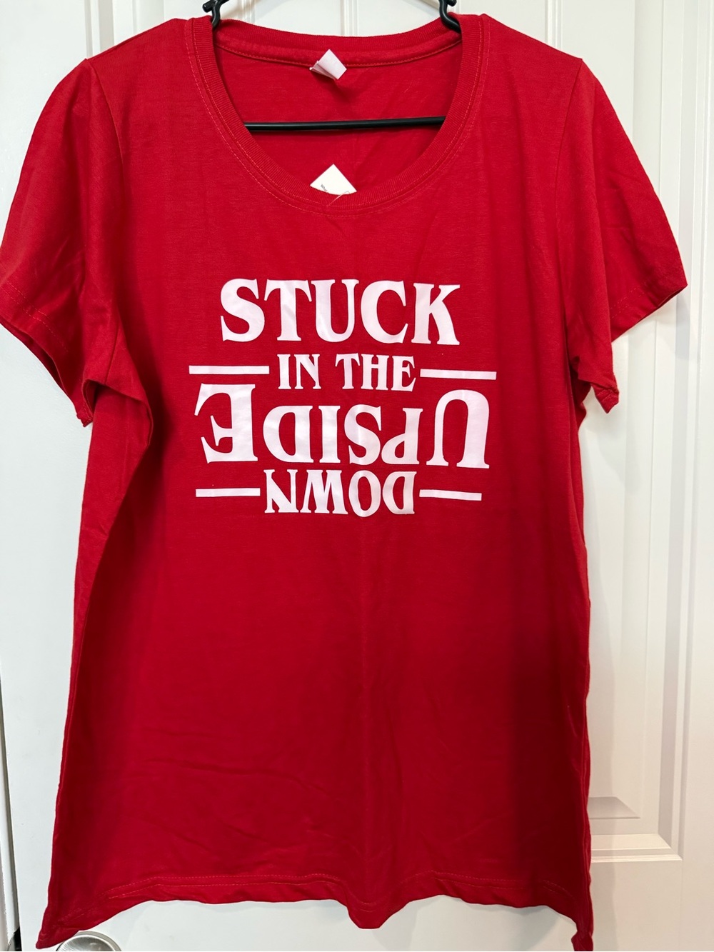 Decrum Red Short-Sleeve Graphic Tee “STUCK IN THE UPSIDE DOWN” 100% Cotton Sz XL